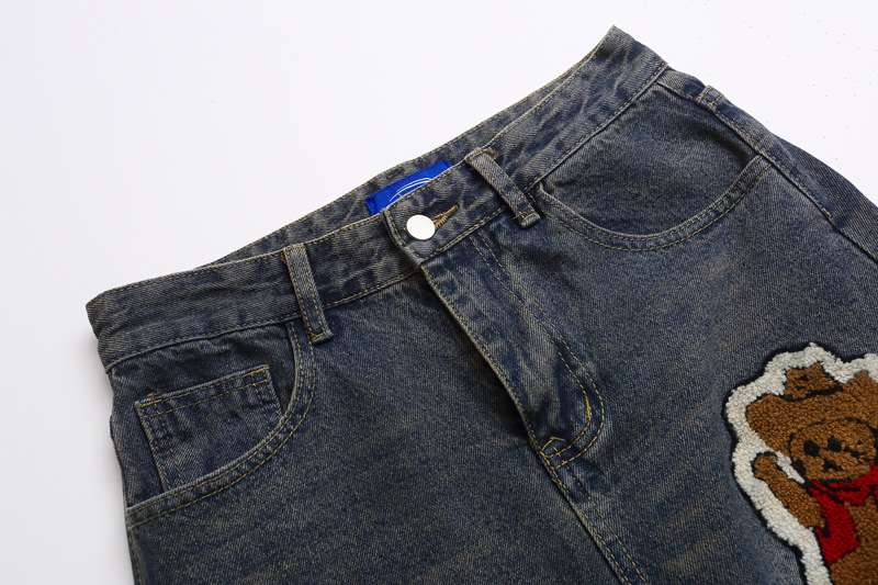 Vintage Cartoon Towel Embroidery Washed Knife-Edge Jeans Men Autumn Pendant Design Loose Wide-Leg Pants