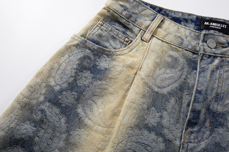 Street Washed Spray Monkey Jacquard Gradient Knife-Edge Denim Pants Men Women High-Quality Fashion Brand Wide-Leg Pants