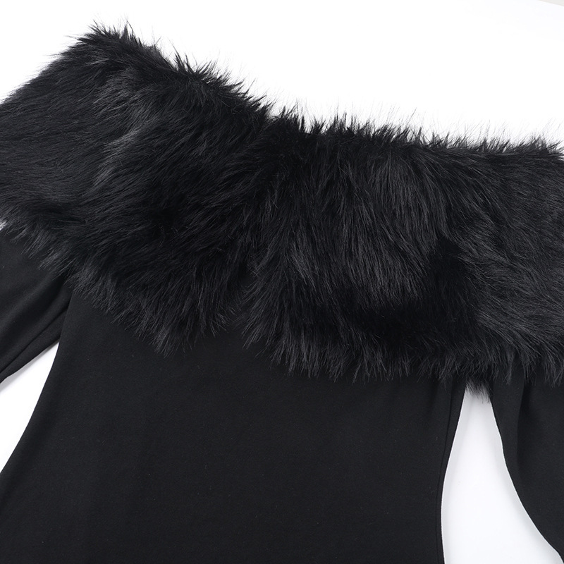 Body-Hugging Asymmetric Furry Trim Three-Quarter Sleeve Dress