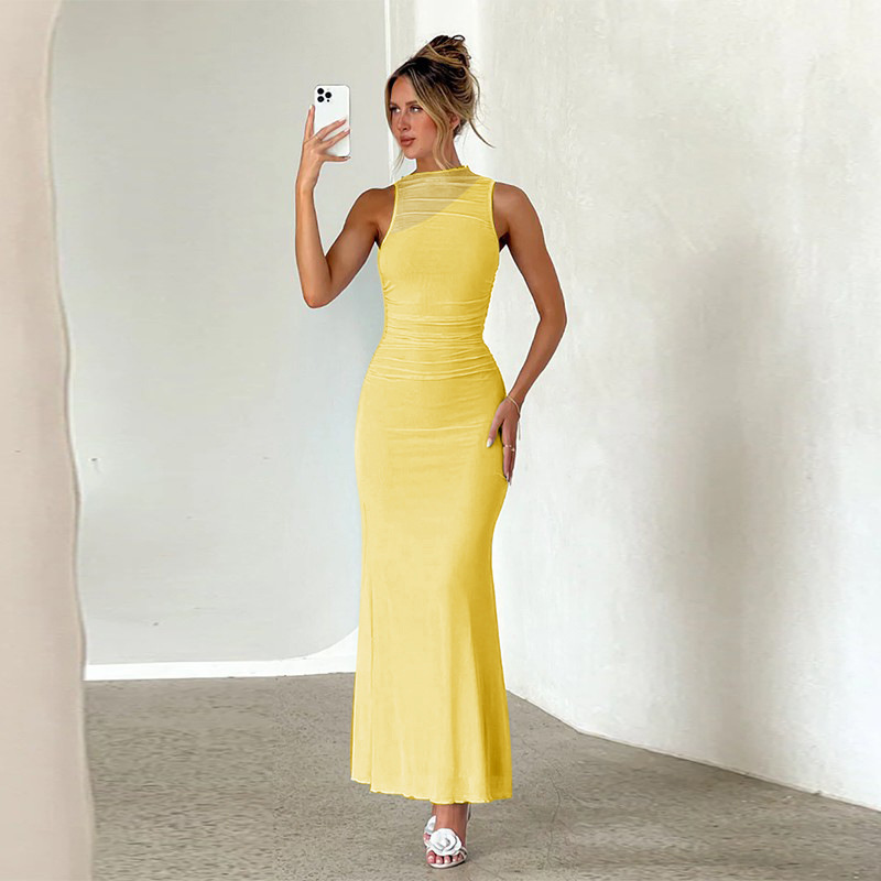 Plain Round Neck Sleeveless Fitted Sheer Polyester Dress