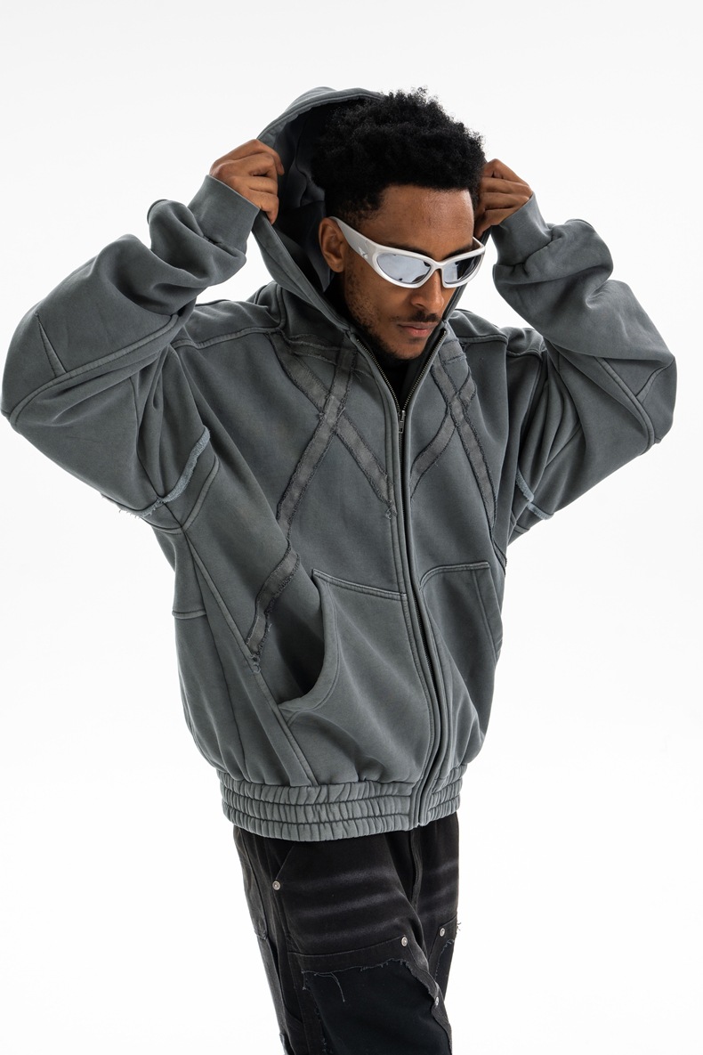 Utility Distressed Cotton Insulated Full-Zipper Embroidery Hoodie