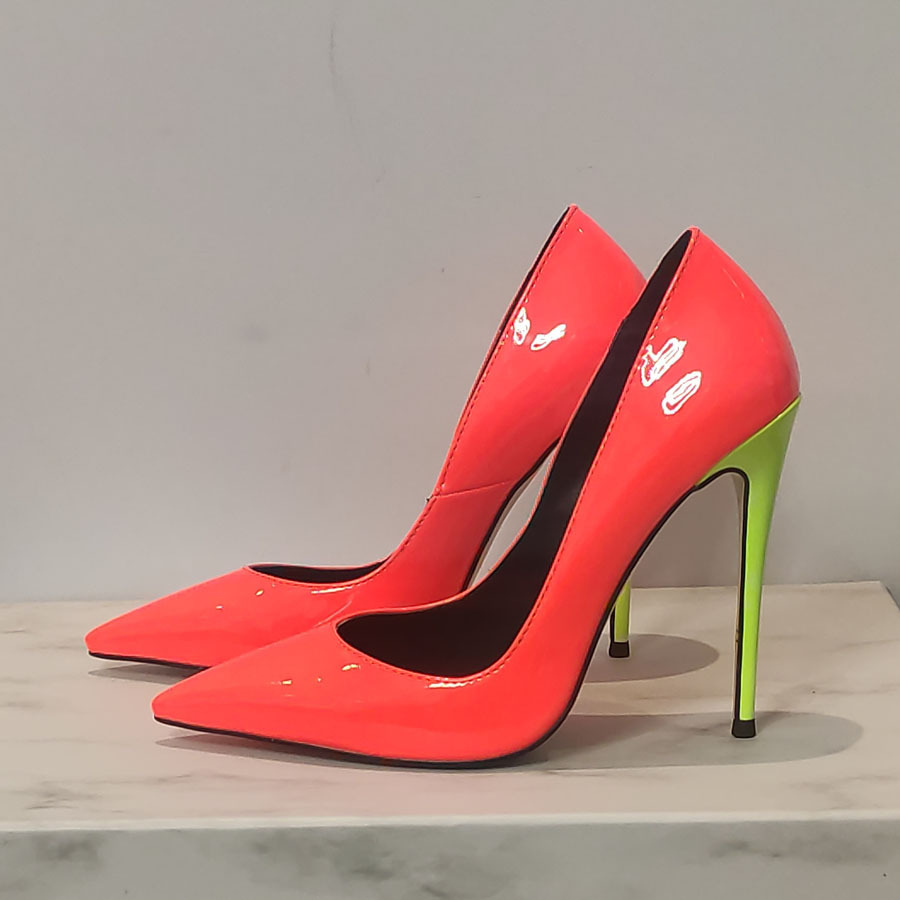 Thin Heeled High Heels, European and American Pointed Patent Leather Color Matching Light Cut Large Size Single Shoes