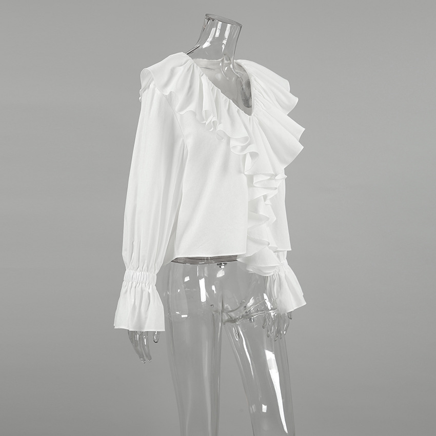 Slim Fit Cotton V-Neck Long Sleeve Frilled Blouse