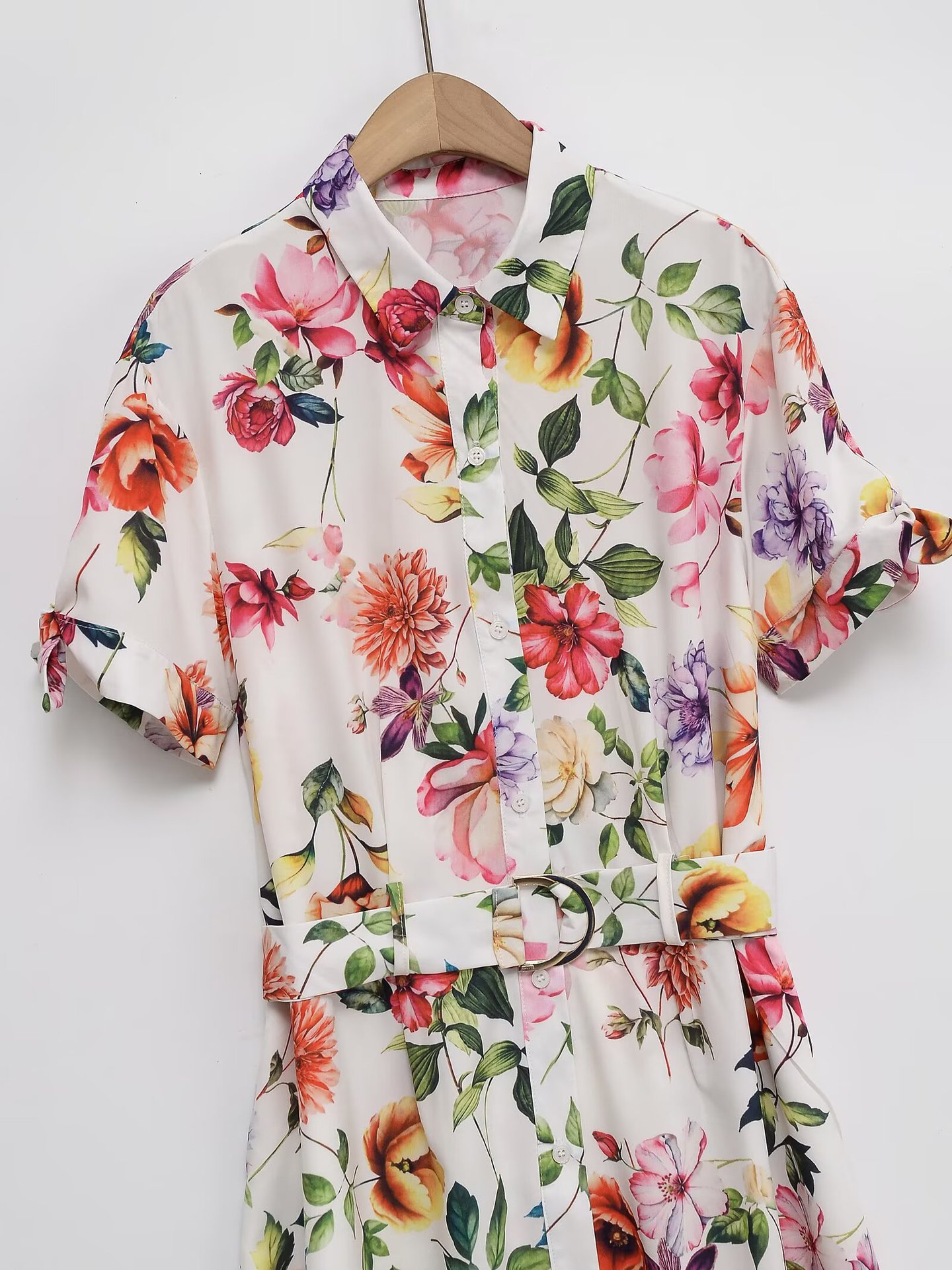 Women's Clothing with Belt Printed Poplin Midi Dress