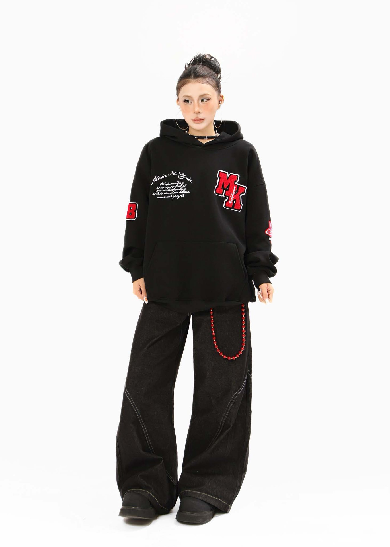Text Embroidered Long Sleeve Oversized Cotton Hoody