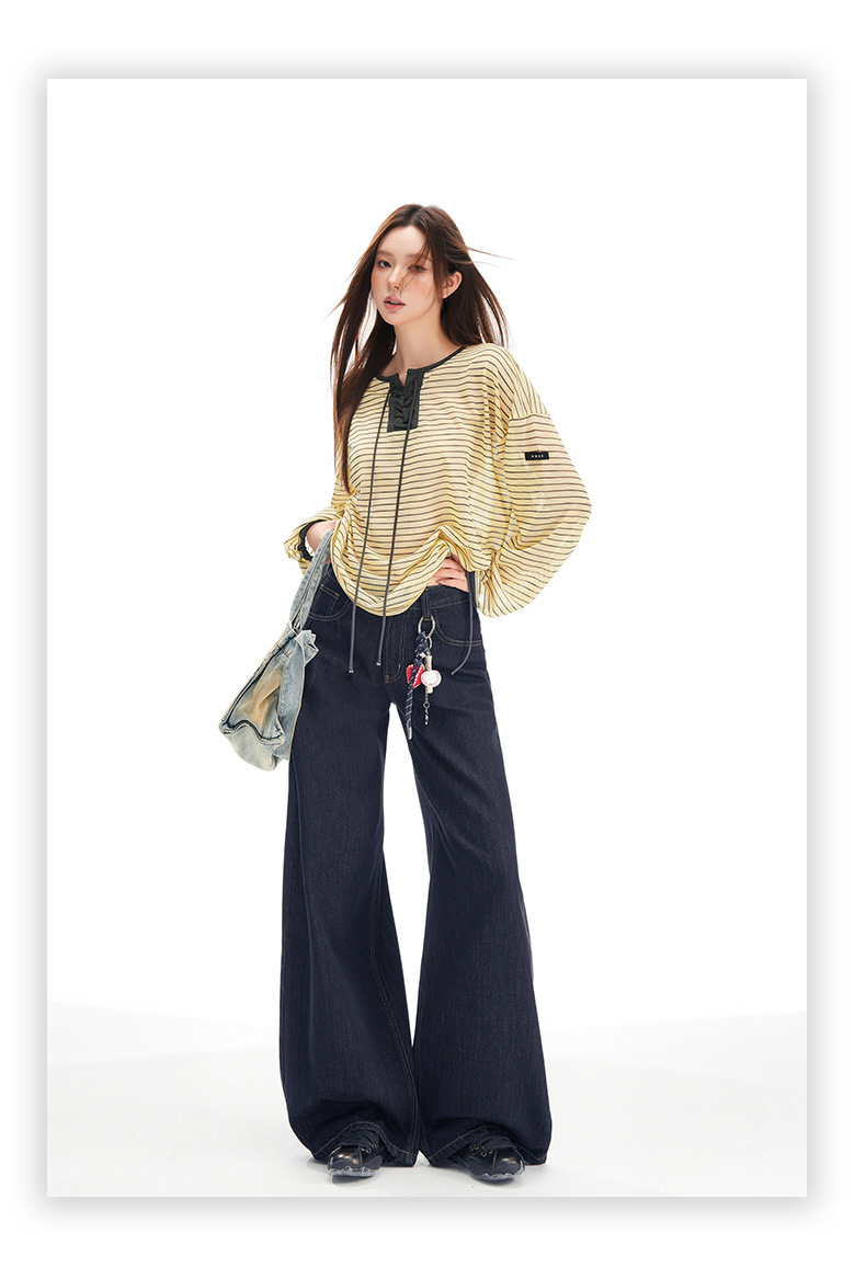 Women's Wide-Leg Jeans Loose Slim High-Waist Drape Floor-Length Straight Pants