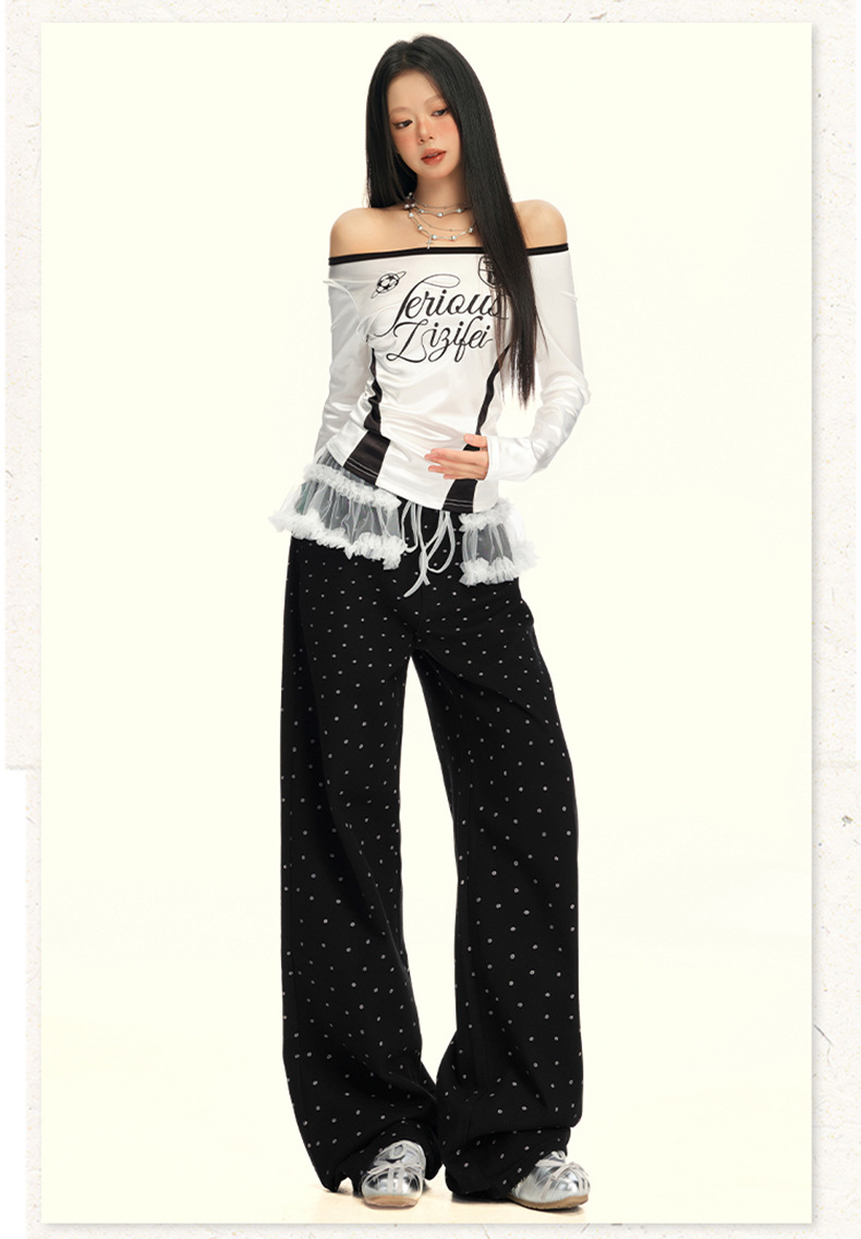 Women's Black and White Polka Dot Slimming Loose Straight Jeans High Waist Wide Leg Pants