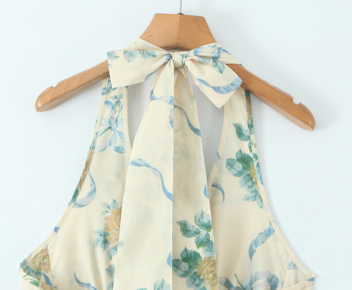 Cotton Print Ribbon Front Halter Maxi Dress