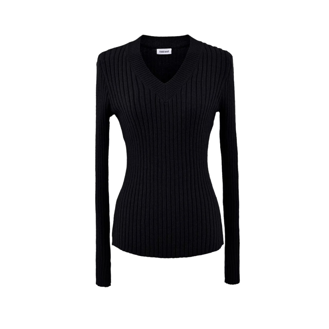 Plain Ladies Deep V Body-Hugging Knitted Sweater