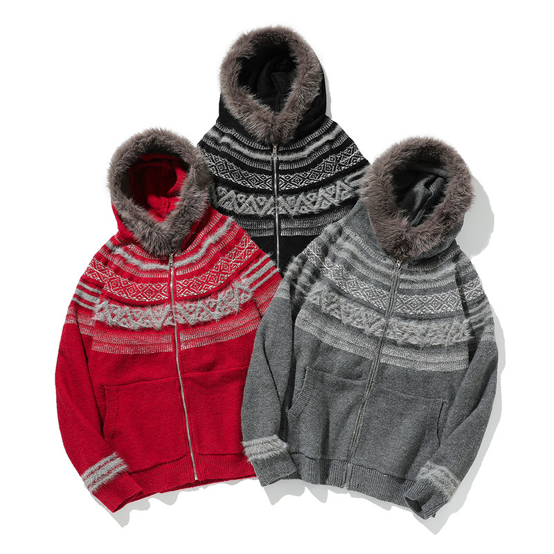 Matching Oversized Furry Trim Jacquard Knit Overcoat