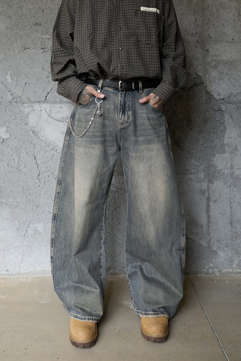 Washed Gradient Knife-Edge Denim Pants Men Streetwear High-Street Vibe Loose Straight Leg Wide Leg Pants