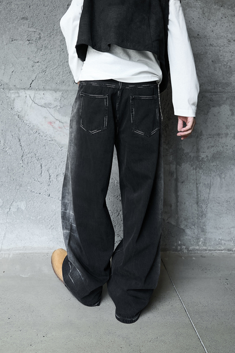 Vintage Washed Lightning Pattern Straight Leg Jeans Men High Quality Gradient Trendy Brand Wide Leg Pants