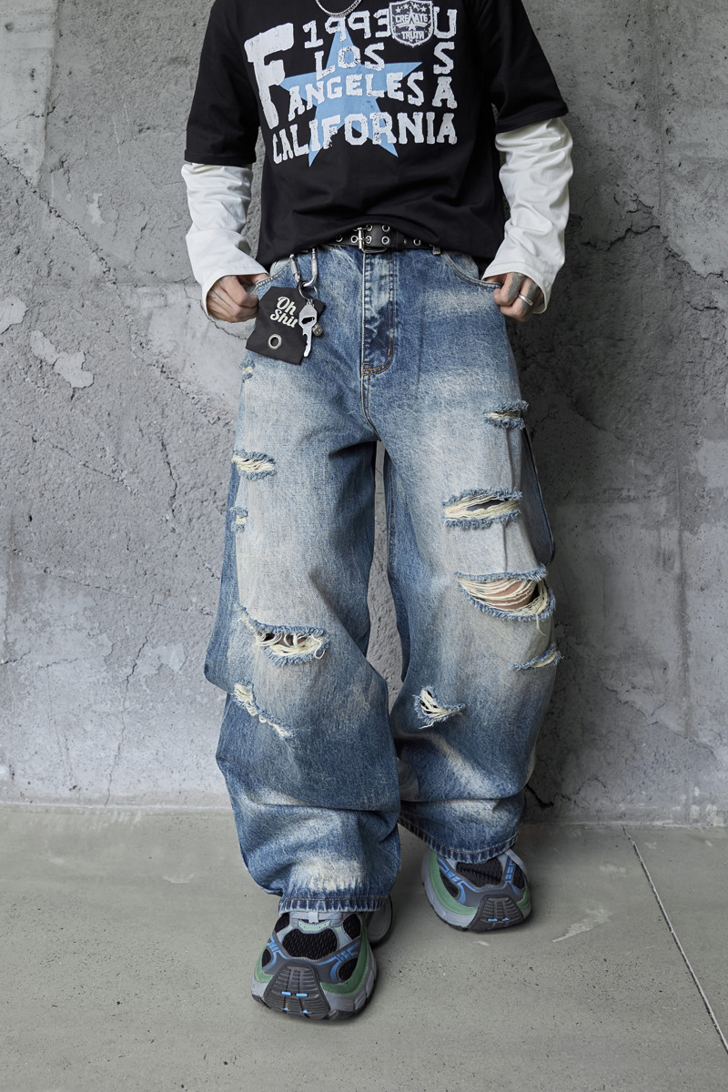 Vintage Personality Design Ripped Streetwear Loose Fit Jeans Men Hip Hop Distressed Wide Leg Long Pants