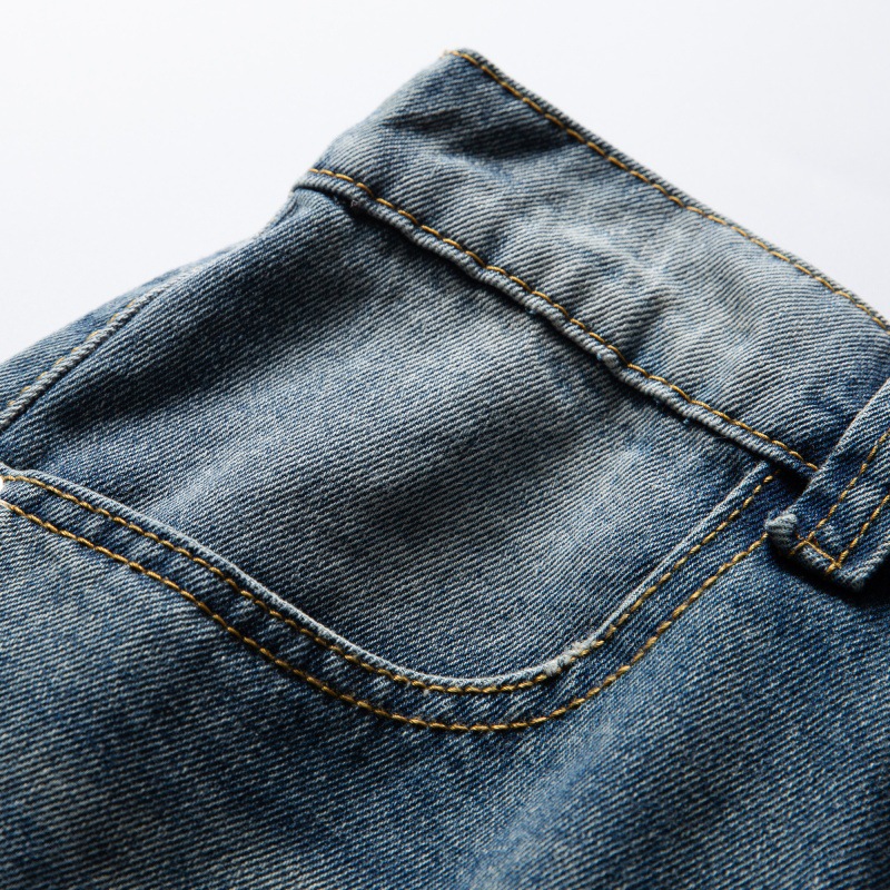 Distressed Relaxed Straight Leg Slightly Wide Washed Raw Edge Denim Pants