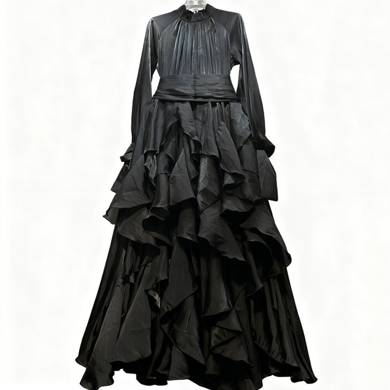 Cotton Blend Fit and Flare Ruffle Maxi Dress