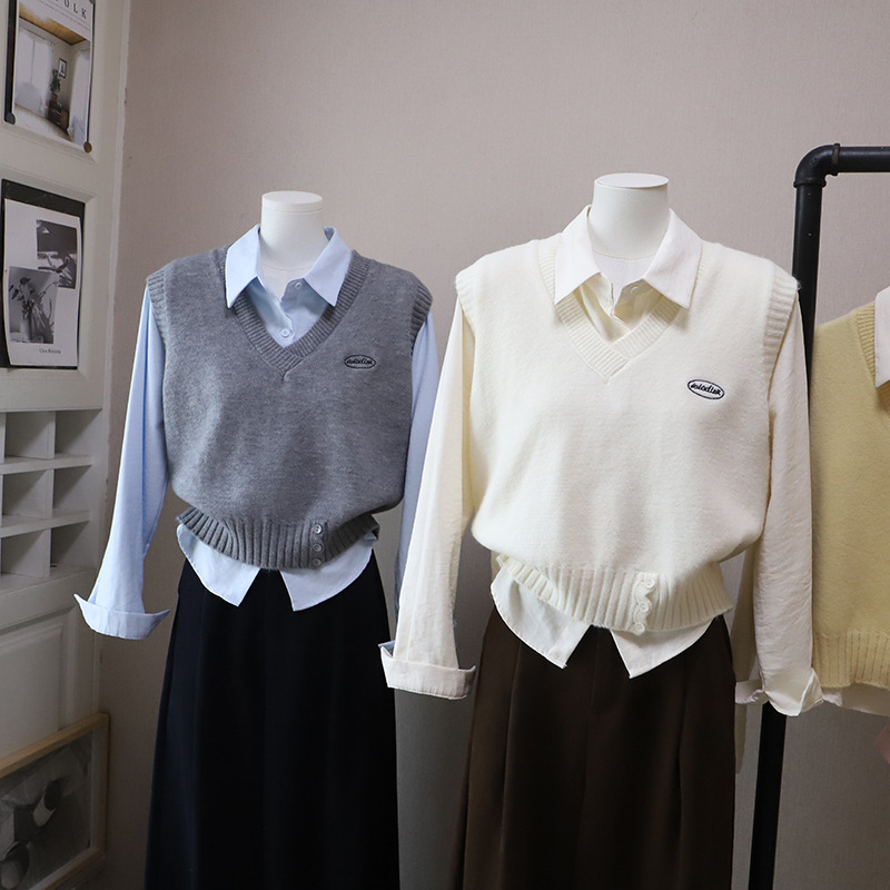 Fashion Two-Piece Set Shirt + Letter Embroidered Knit Vest for Women