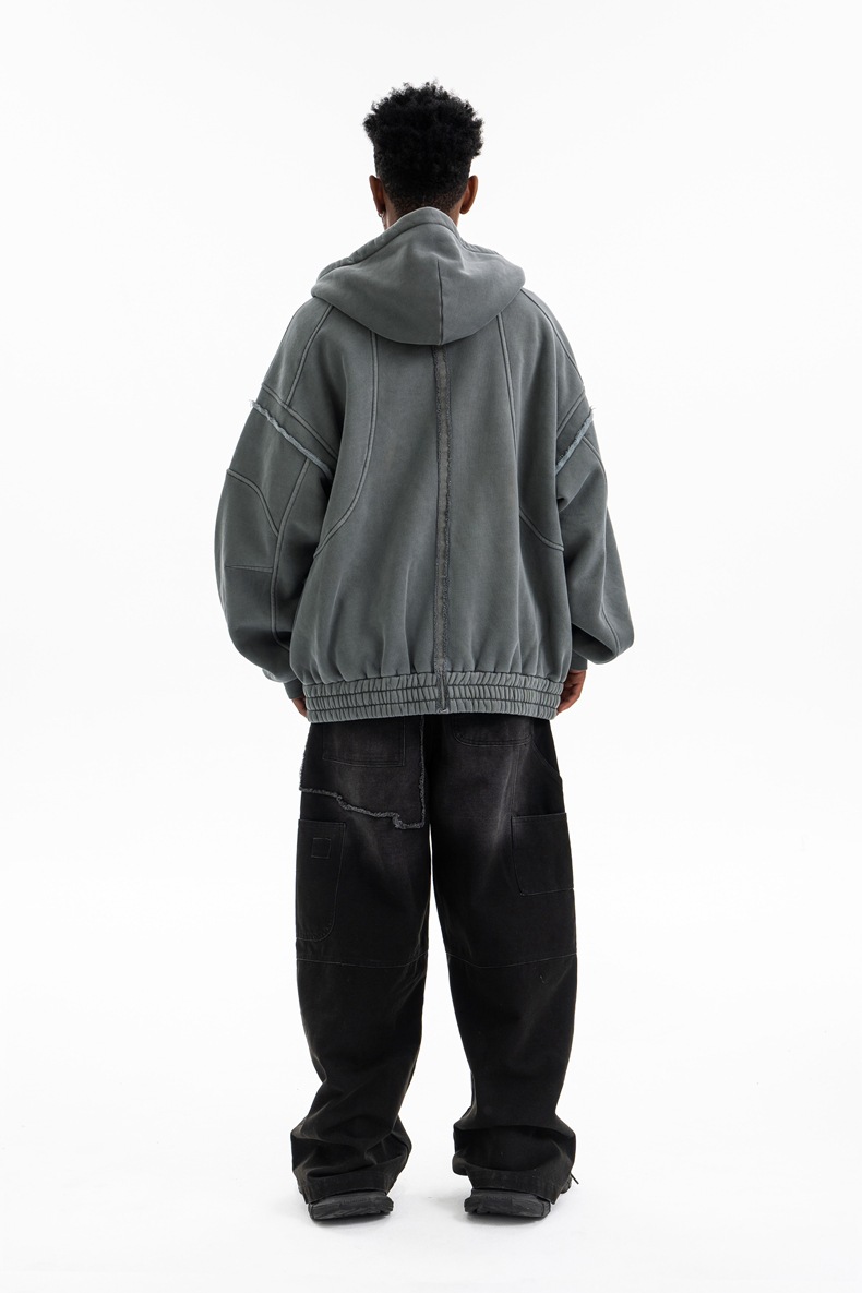 Utility Distressed Cotton Insulated Full-Zipper Embroidery Hoodie