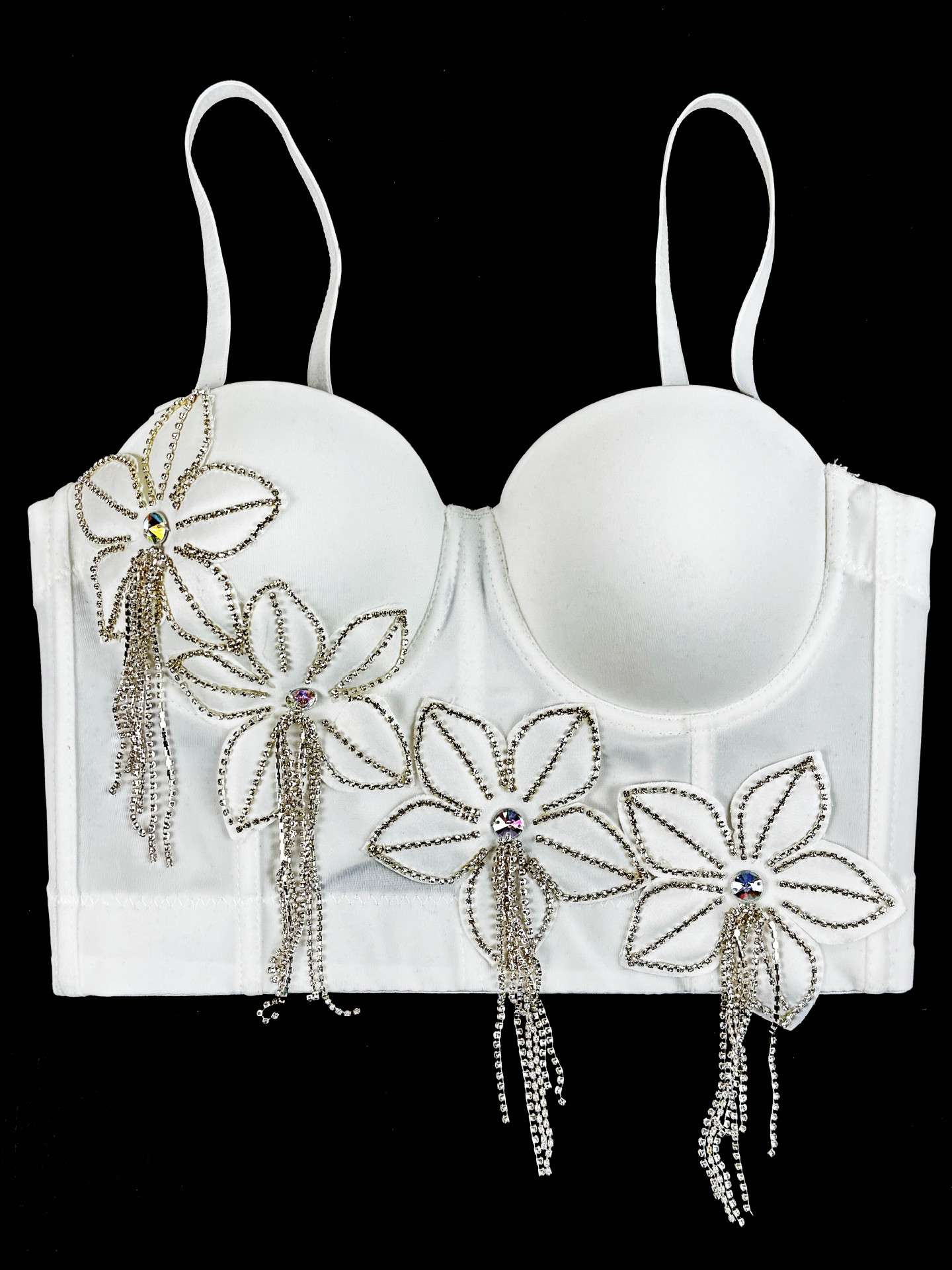 Floral Rhinestone Chain Tassel Boned Bustier Heavy Embroidery Fitted Strapless Camisole Outerwear Sexy Boned Top