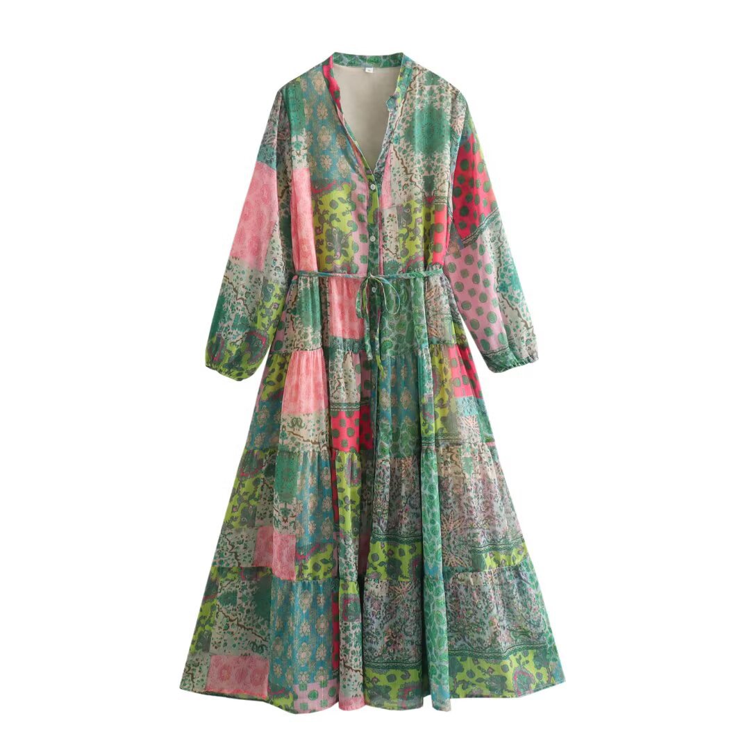 Women's Clothing V-neck Long-sleeved Printed Dress