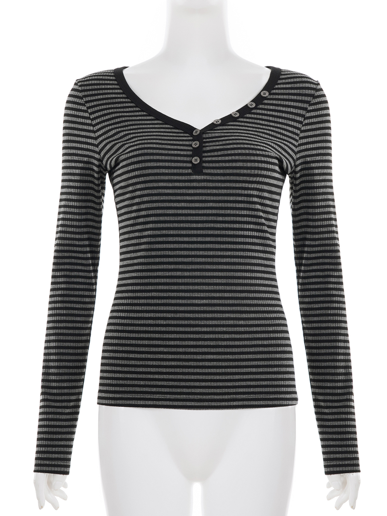 Simple Fashion Striped Color Block Round Neck Basic Long Sleeve Slim Fit Versatile Slimming Casual Short Top