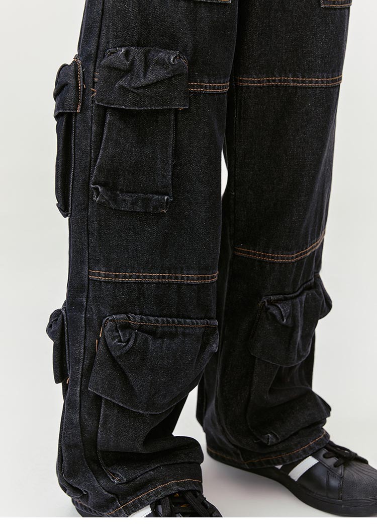 Washed Leg White Faded Multi-Pocket Straight Tapered Jeans Long Pants