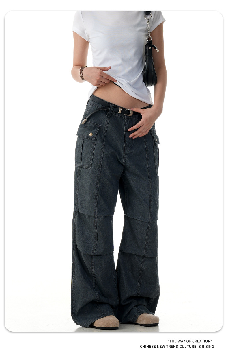 Flared Work Pants for Men and Women Slim Multi-Pocket Simple Loose Casual Pure Cotton Long Pants