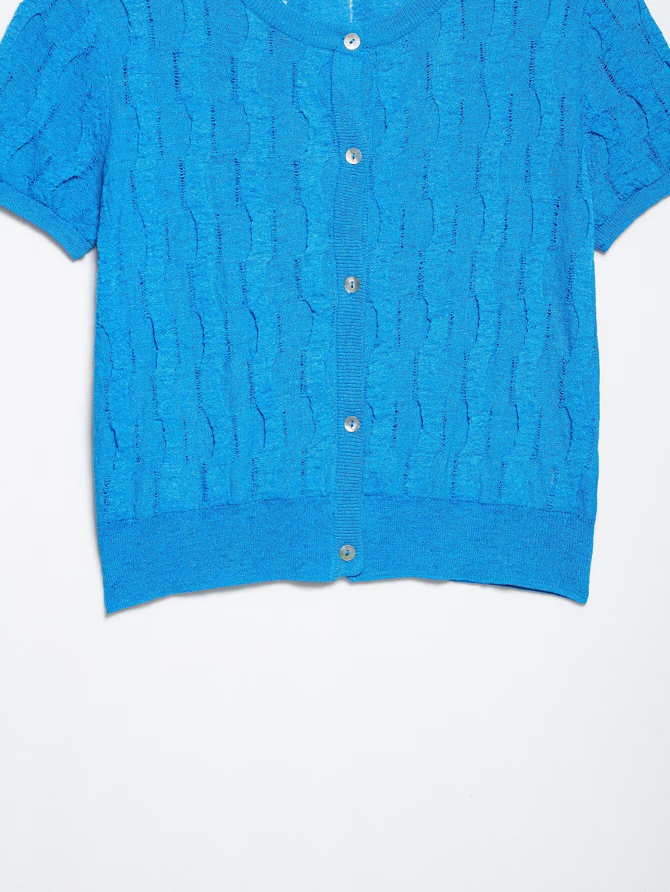 Ladies Navy Three-Quarter Sleeve Crew Button-Front Cardigan
