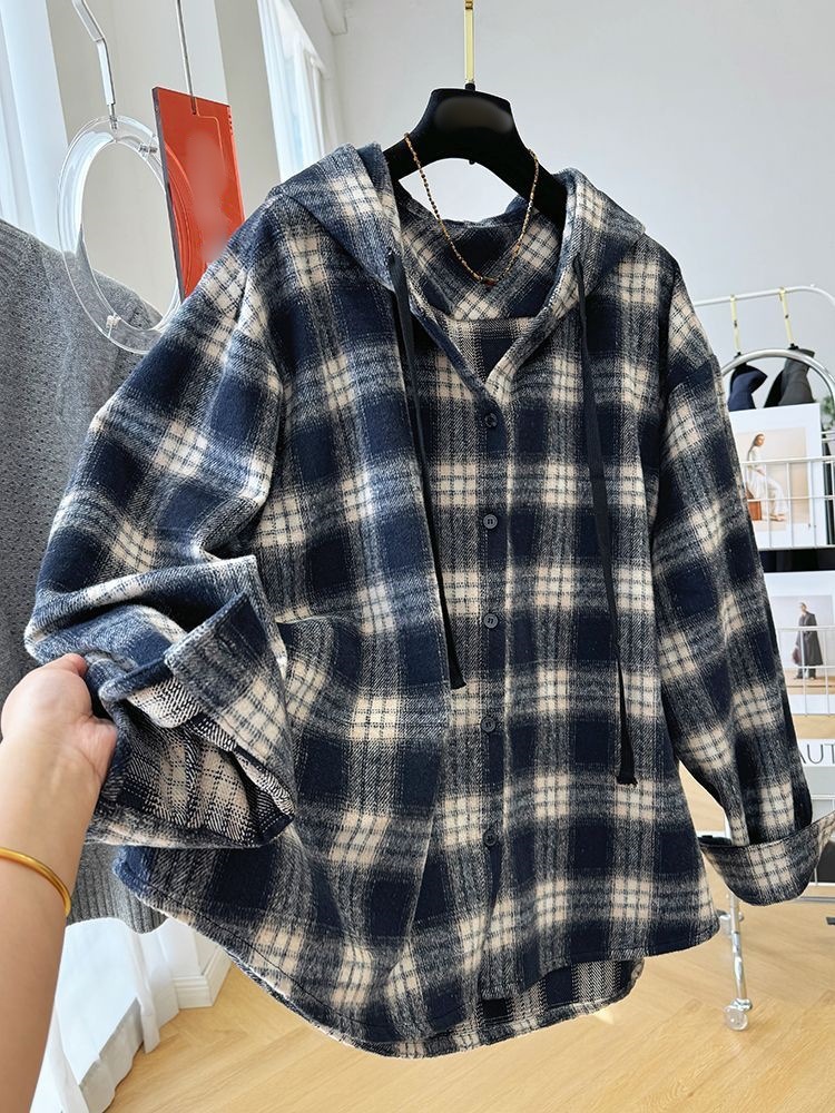 Ladies Oversized Checkered Cotton Blend Hoodie