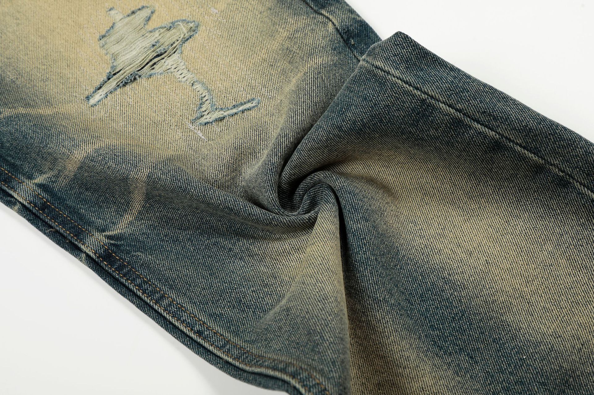Style Trendy Unisex Street Retro Vintage Blue Cat Whisker Pattern Distressed Design Loose Fit Men's Jeans