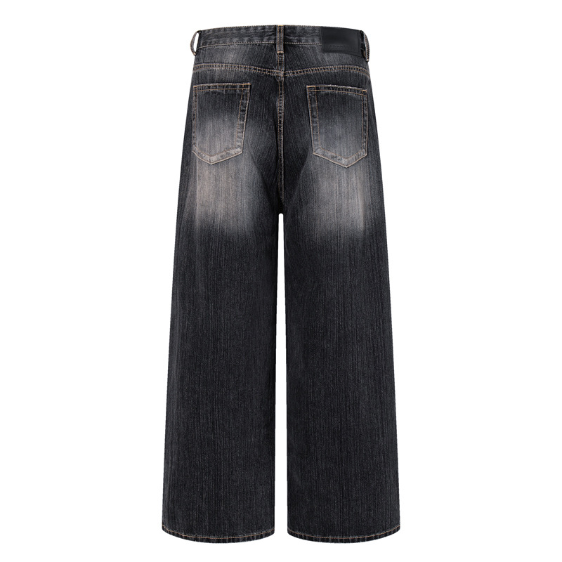 Vintage Washed Gradient Denim Pants Men's Design Street Style Couple Loose Versatile Straight Leg Casual Wide Leg Pants