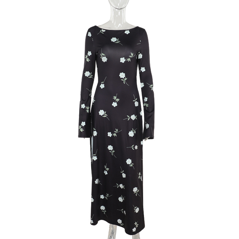 Long One-Shoulder High Waist Patterned Polyester Step-Skirt Dress