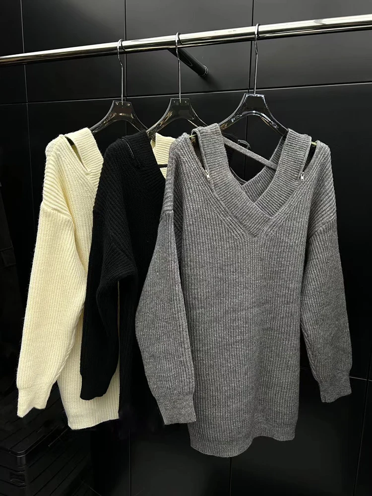 Slouchy Plunging Bardot Colorblock Zip Sweater