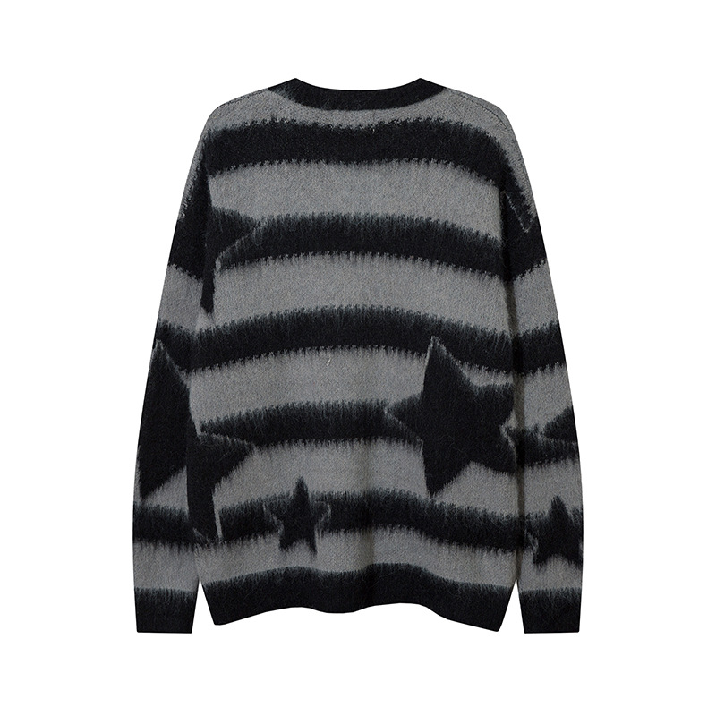 Striped Star Mohair Crew Neck Sweater Men's Loose Casual Couple Knit Top