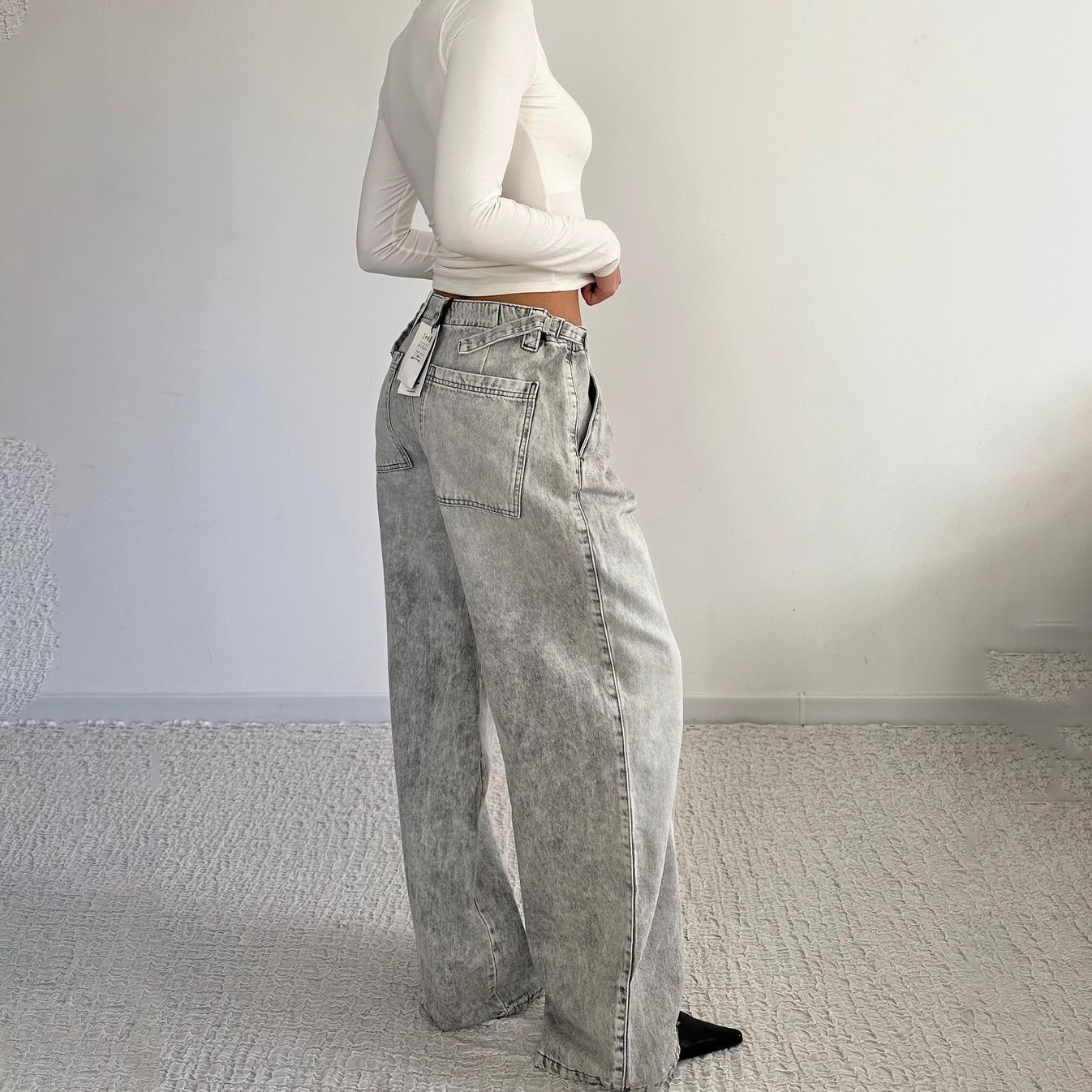 Low Waist Distressed Denim Trousers Street Retro Washed Wide Leg Jeans for Women