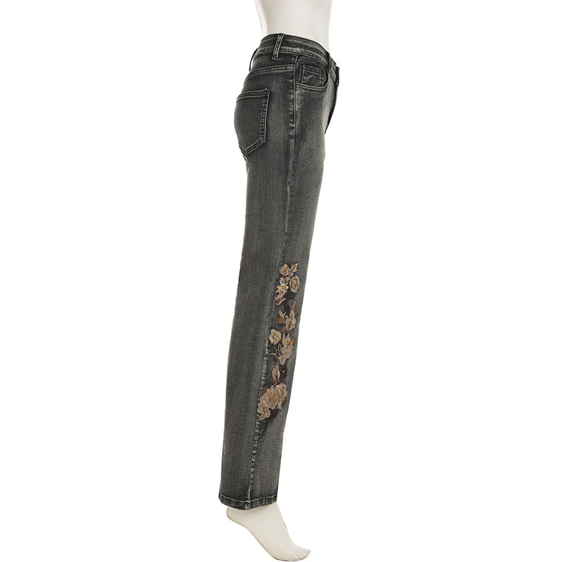 Bead embroidery floral design for vintage washed micro flared jeans