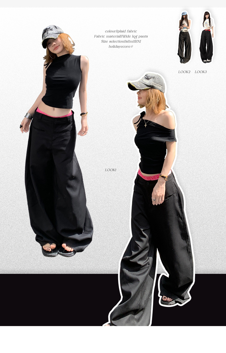 Women's Black Wide-Leg Casual Pants Loose Trousers