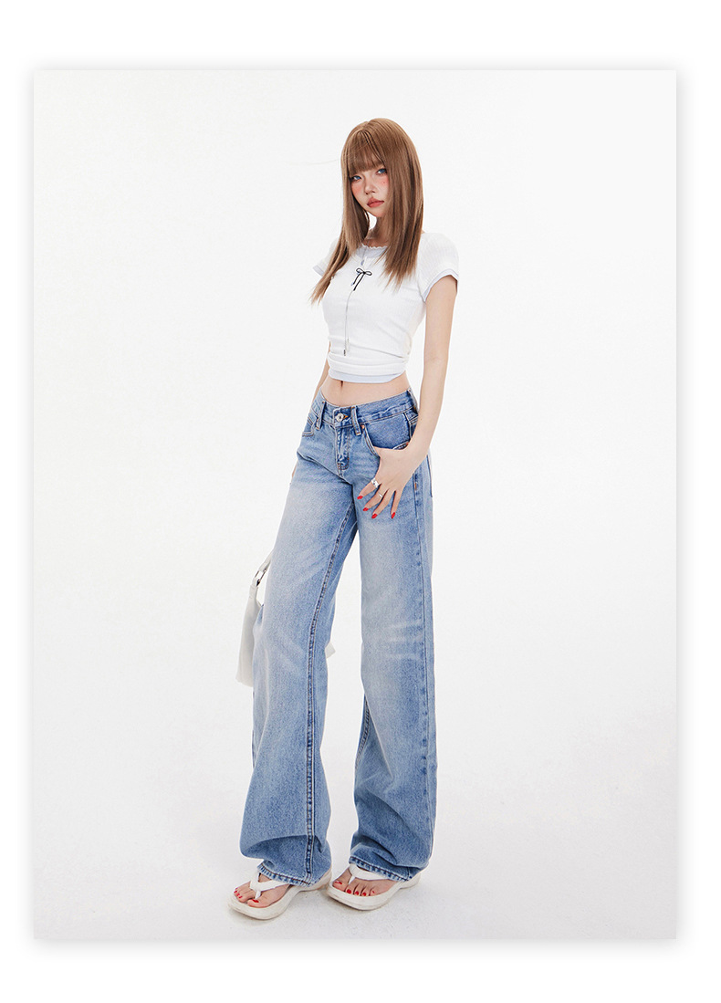 Women's Washed Wide-Leg Jeans Female Loose Slim Floor-Length Straight Pants