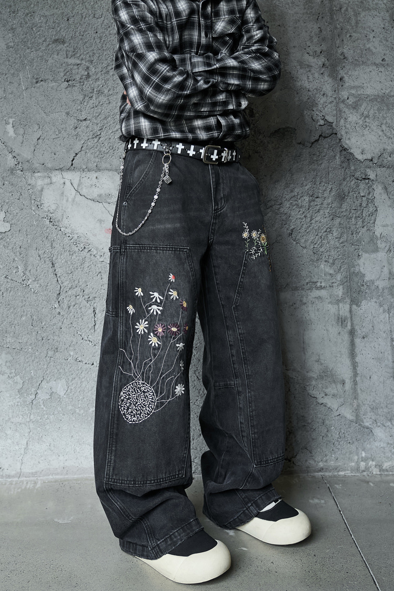 Casual Knife-Edge Pants for Men, Loose Straight-Leg Patchwork Denim Pants, Embroidered Wide-Leg Long Pants