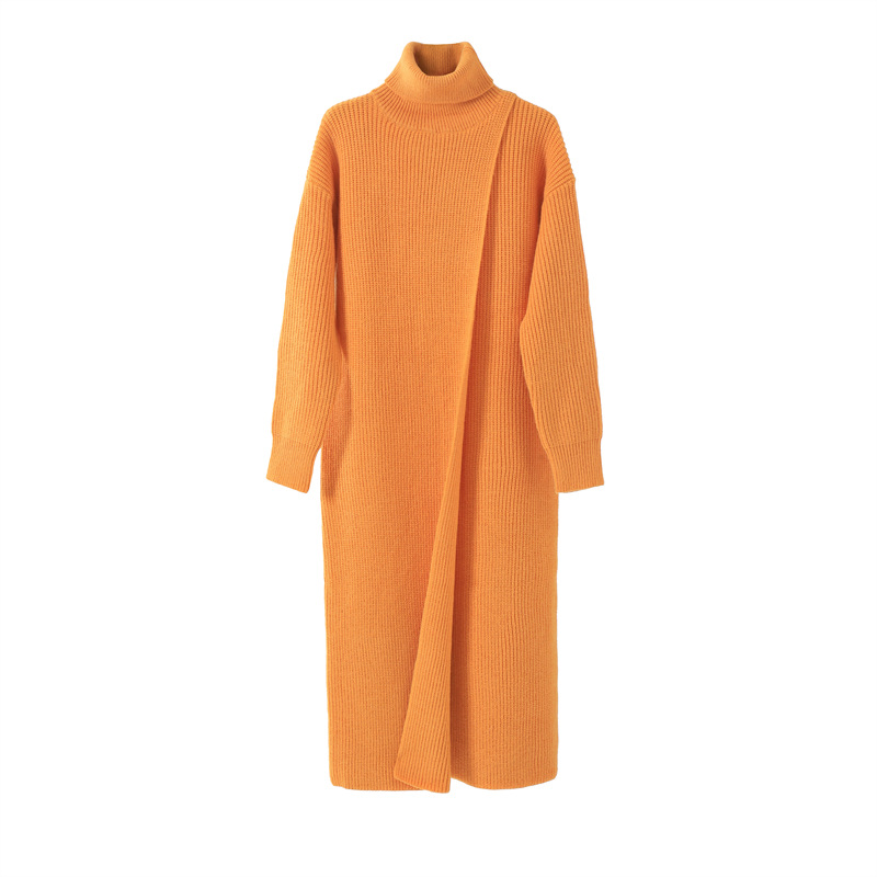 Full Sleeve Standing Collar Slit Pullover Dress