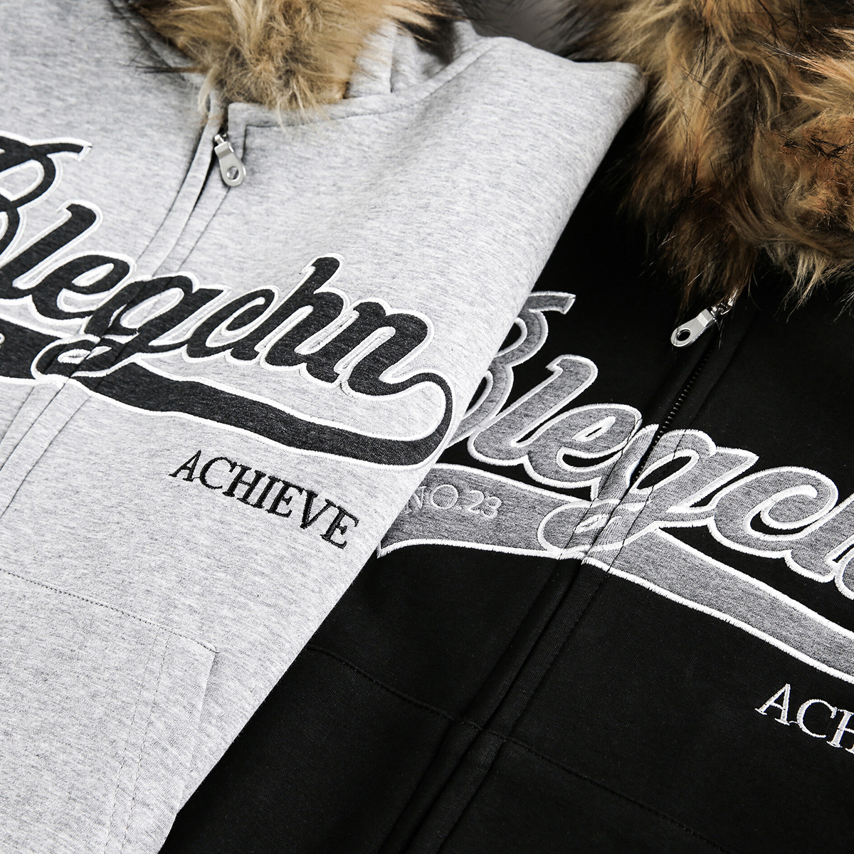 Detachable fur collar spliced zipper hoodie
