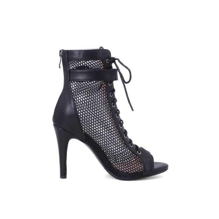 New Summer Short Boots Hollow Lace-up Mesh Peep Toe Thin Heel High Heels Dance Party Sandals Women
