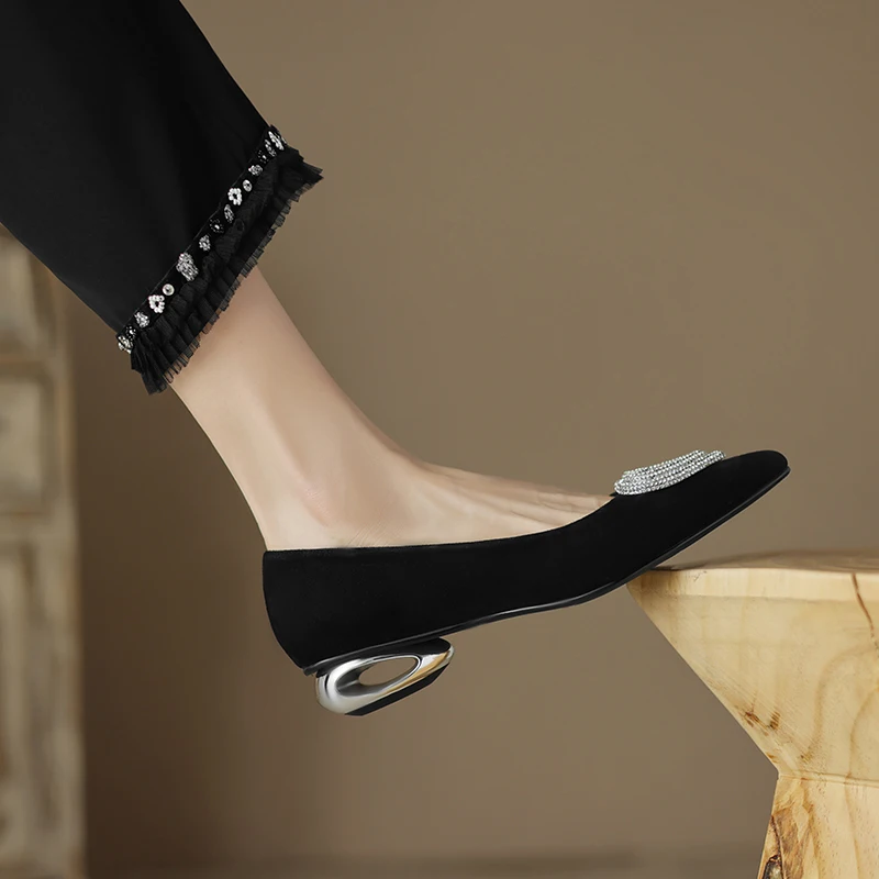 Elegant With Low Heel Brand Genuine Leather High Heels Metal Button Heels For Women Comfortable Pumps Pointed Toe