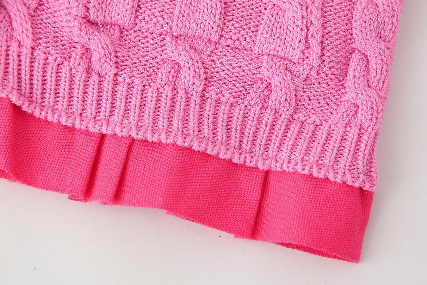 Round neck contrasting color open knit sweater patchwork jacket top