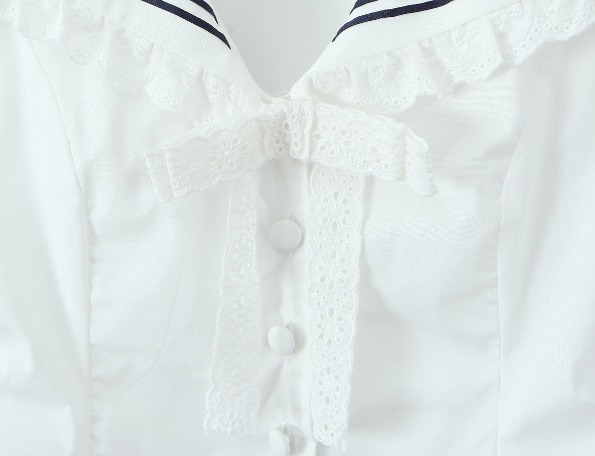 Navy Collar Lace Trim Bow Single Breasted Sleeveless Blouse