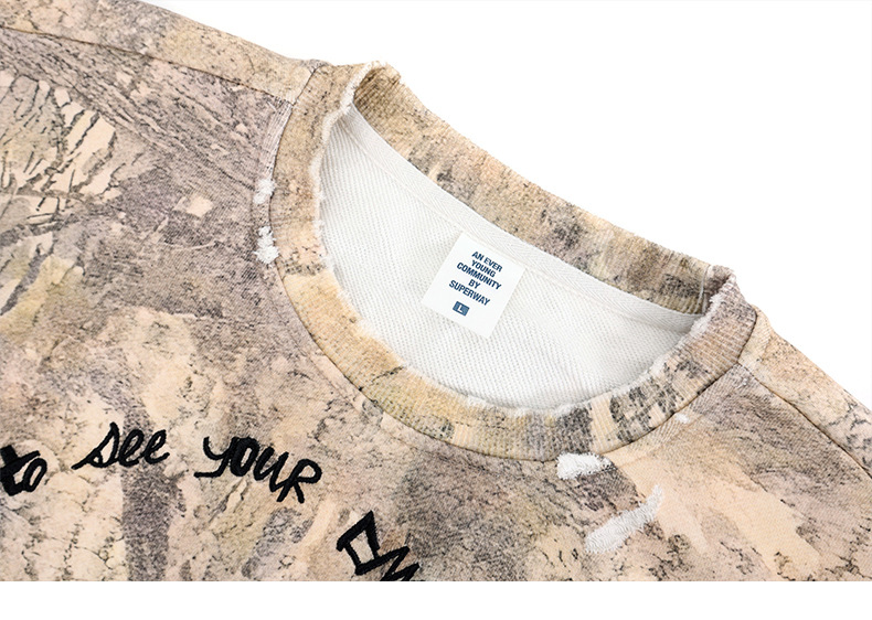 Cotton Military Ripped Puffed Round Neck Sweatshirt
