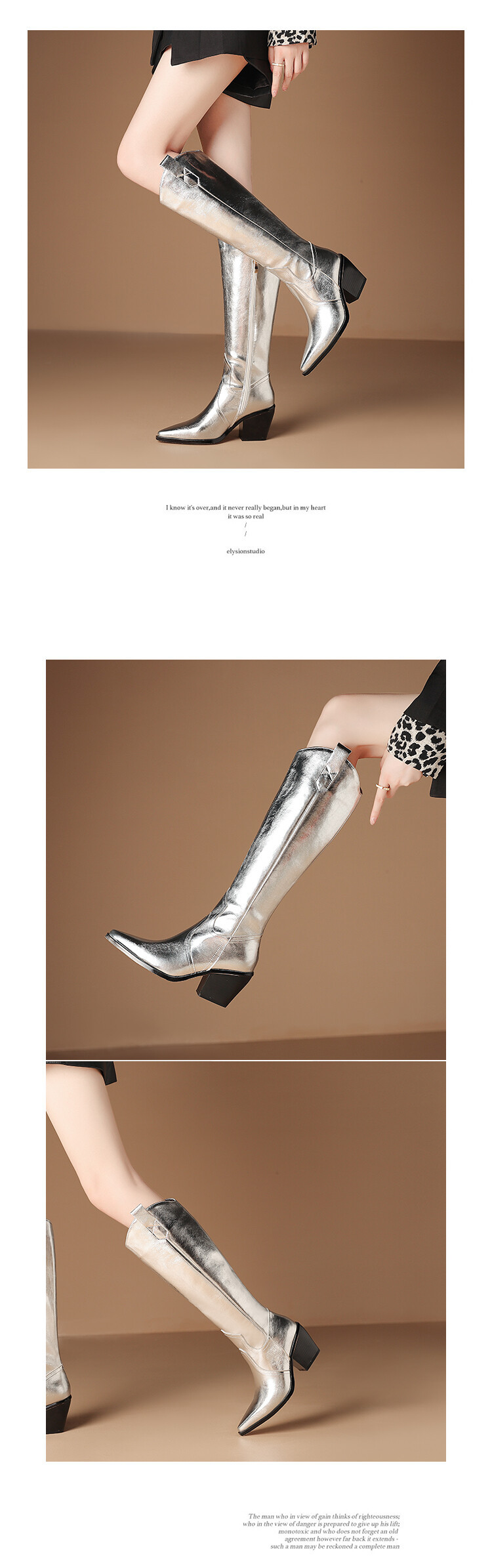 Fashion Autumn Winter Warm Shoes Chunky High Heels Pointed Toe Silver Dress Party Knee HIgh Boots