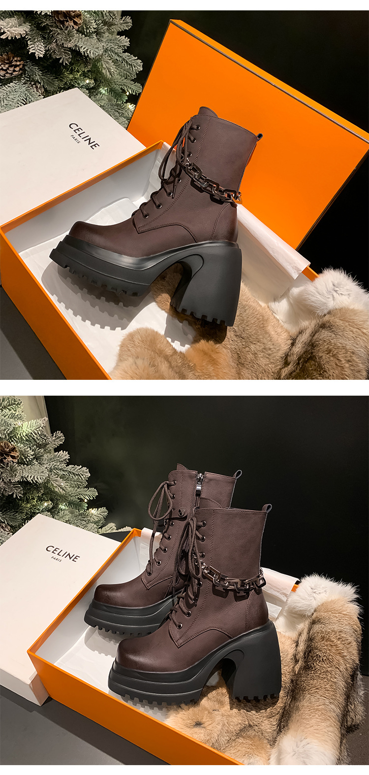 Women's Genuine Leather Autumn Winter Shoes Chunky High Heels Platform Black Brown Punk Dress Party Casual Lady