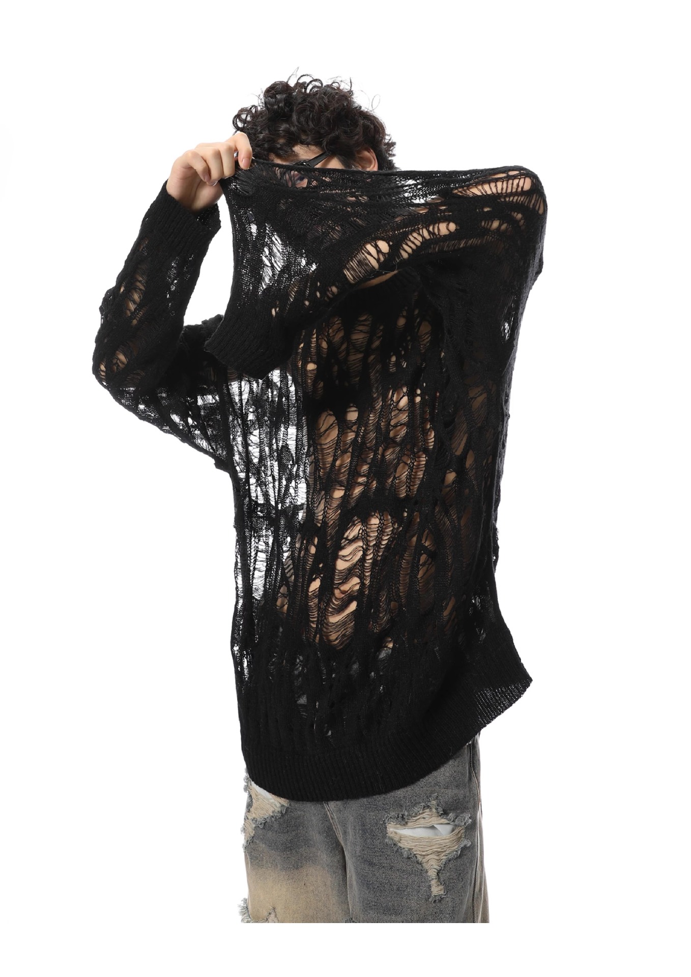 Polyester Open Mesh Crew Neck Sweater