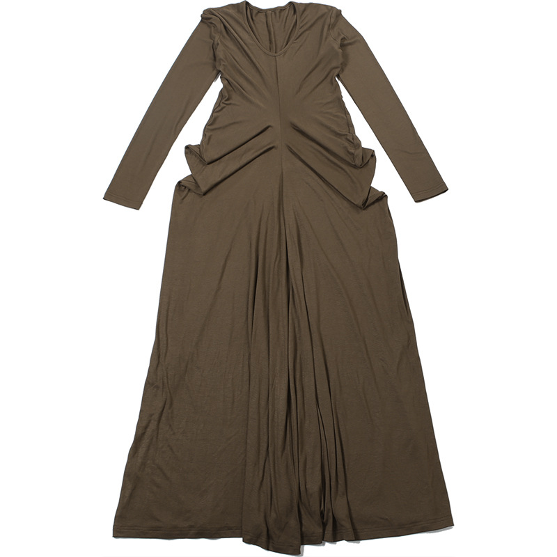 Crinkled Plunging Fitted Plain Full-Sleeve Maxi Dress