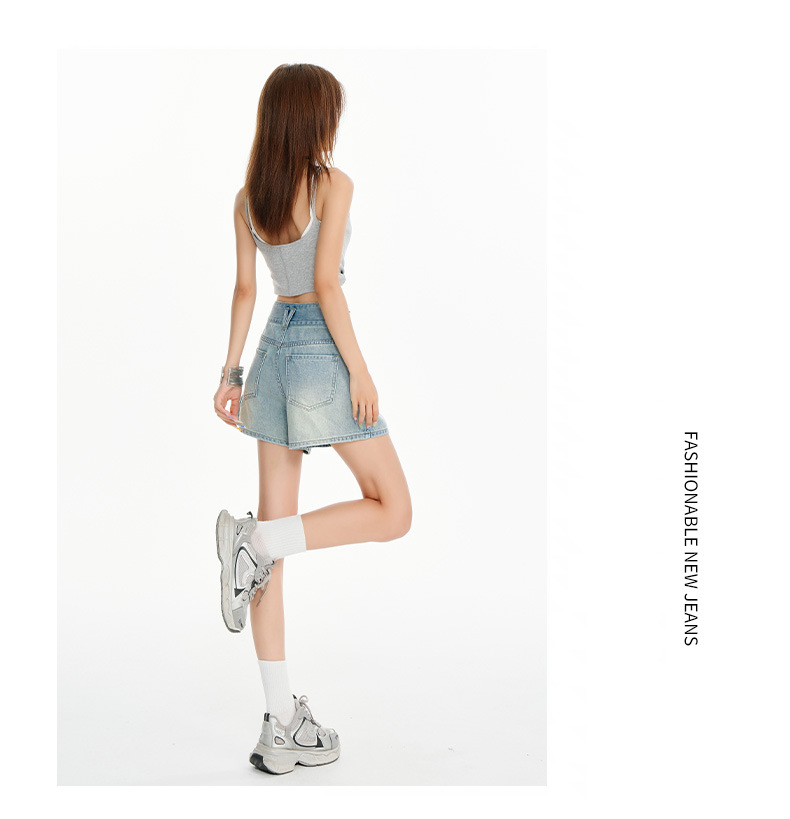 Light Blue High-Waisted A-Line Denim Shorts for Women Loose and Slim Fit Wide-Leg Hot Pants